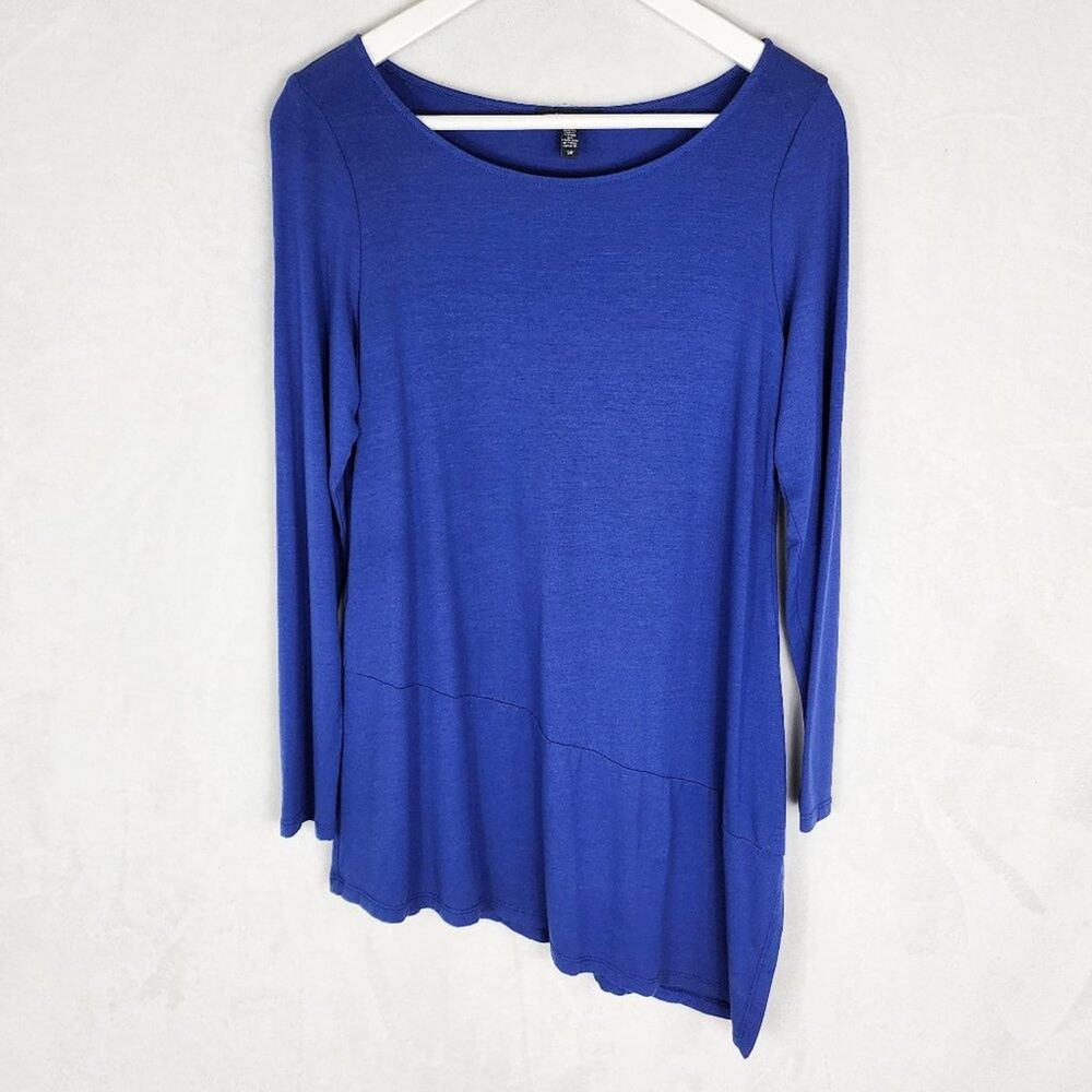 Eileen Fisher Tunic Top Women S Blue Asymmetric Ruffle Hem Long Sleeve Scoop